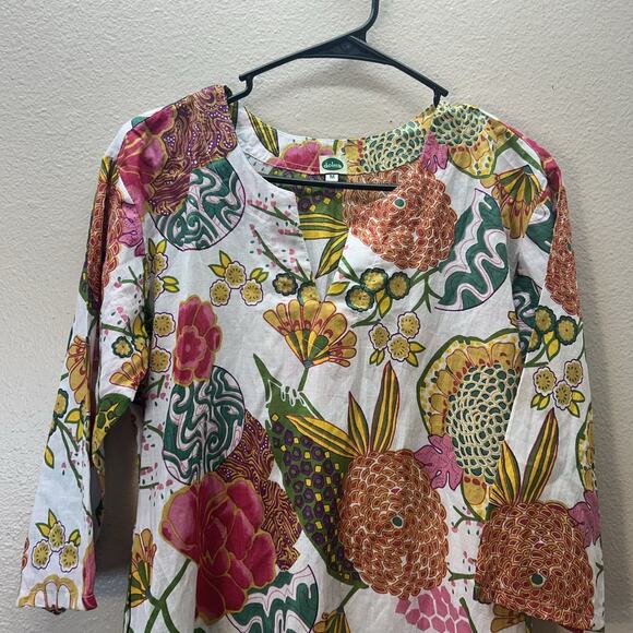 Dolma SZ M Mini Dress 3/4 Sleeve Floral Print Tunic Shift Peasant Cotton Boho - Picture 2 of 6